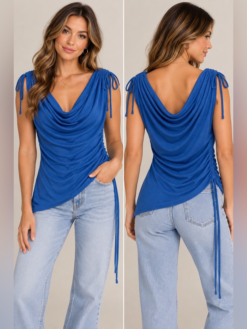 Milk + Honey Blue Ruched Cowl Neck Asymmetrical Top NWT